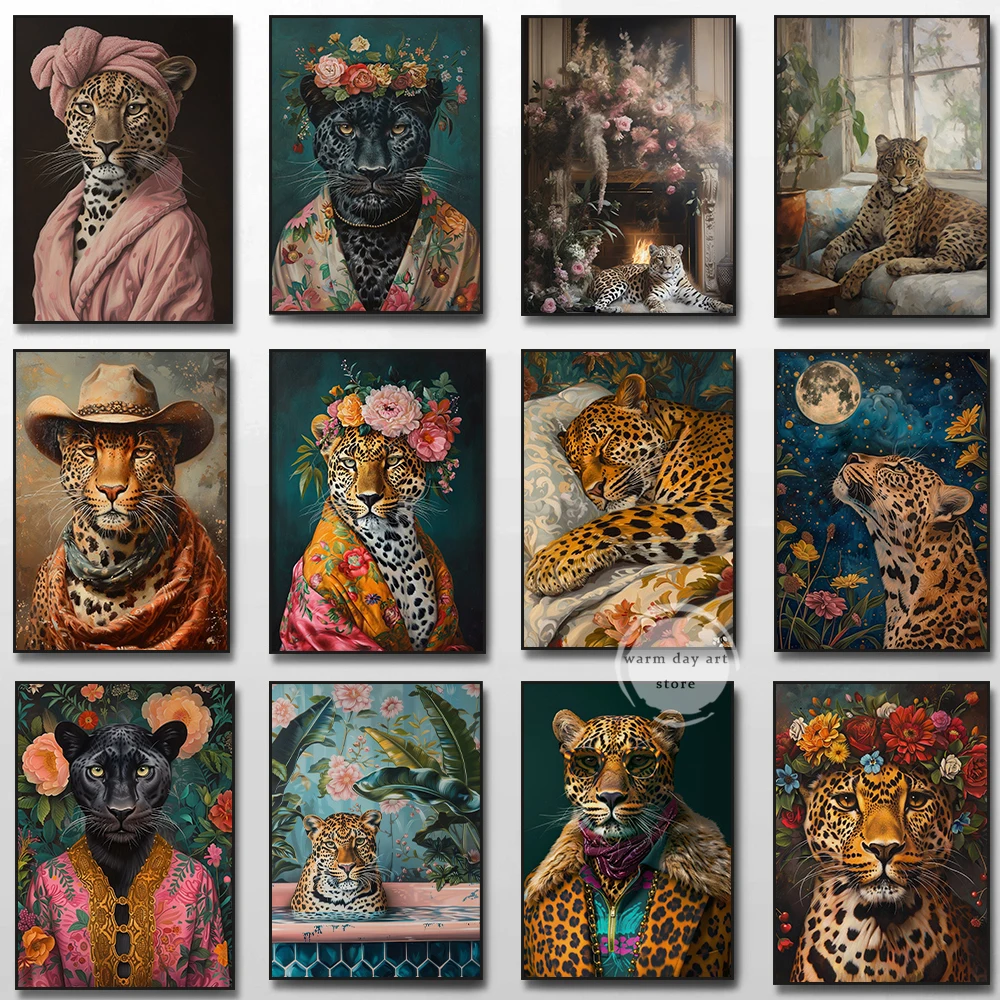 Colourful Flower Animal Portrait Poster Cheetah Panther Moon Canvas Printing Prints Wall Art for Living Room Bathroom Home Decor