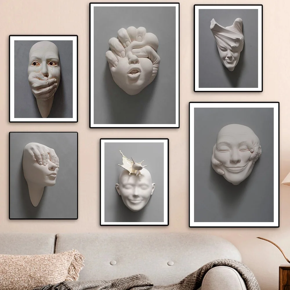 

3D Visual Effect Human Face Sculpture Poster Prints For Living Room Home Decor Modern Figure Statue Canvas Painting Wall Art