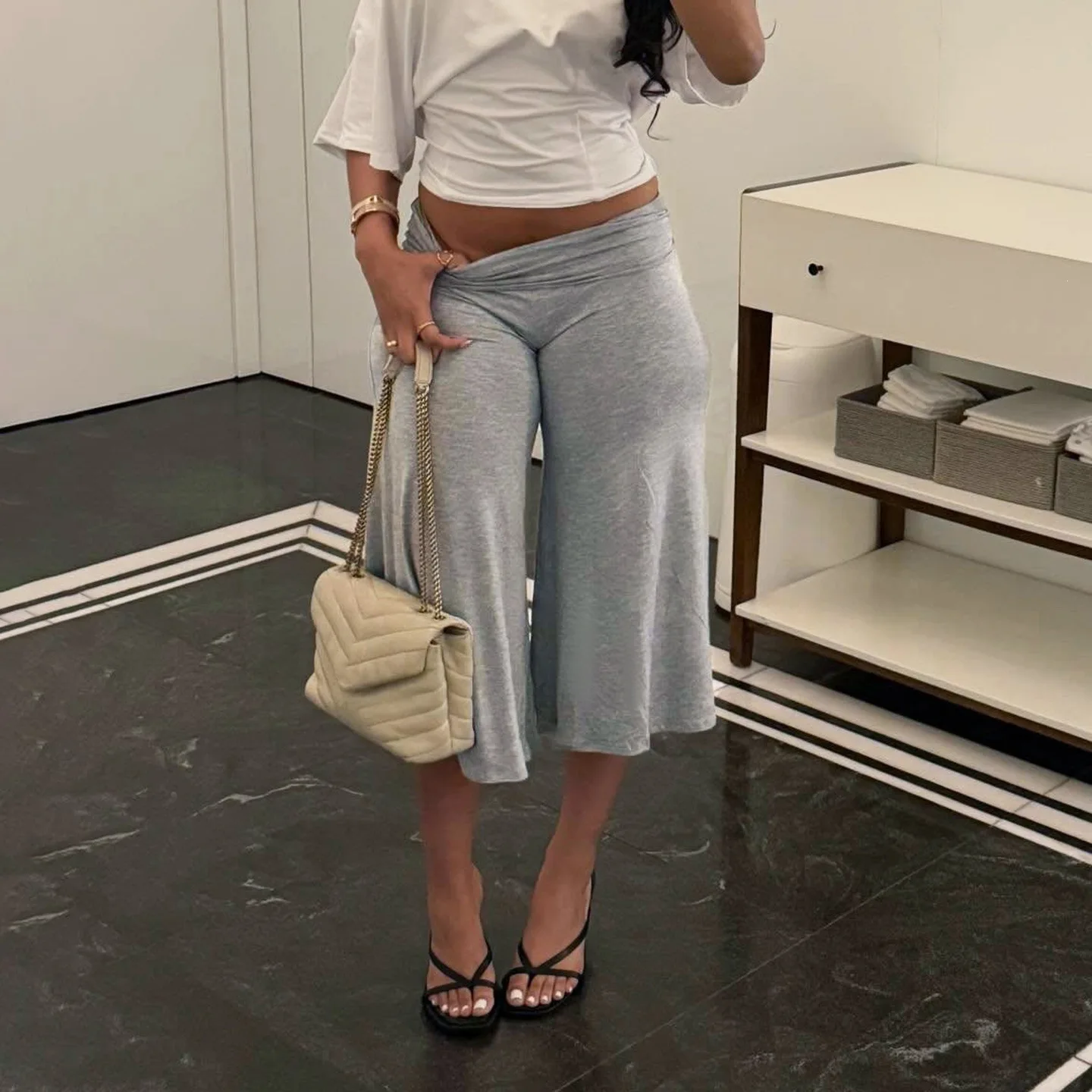 Solid Color Spice Girl Low Waist Flanging Loose Y2k Pants Gray Casual Pants