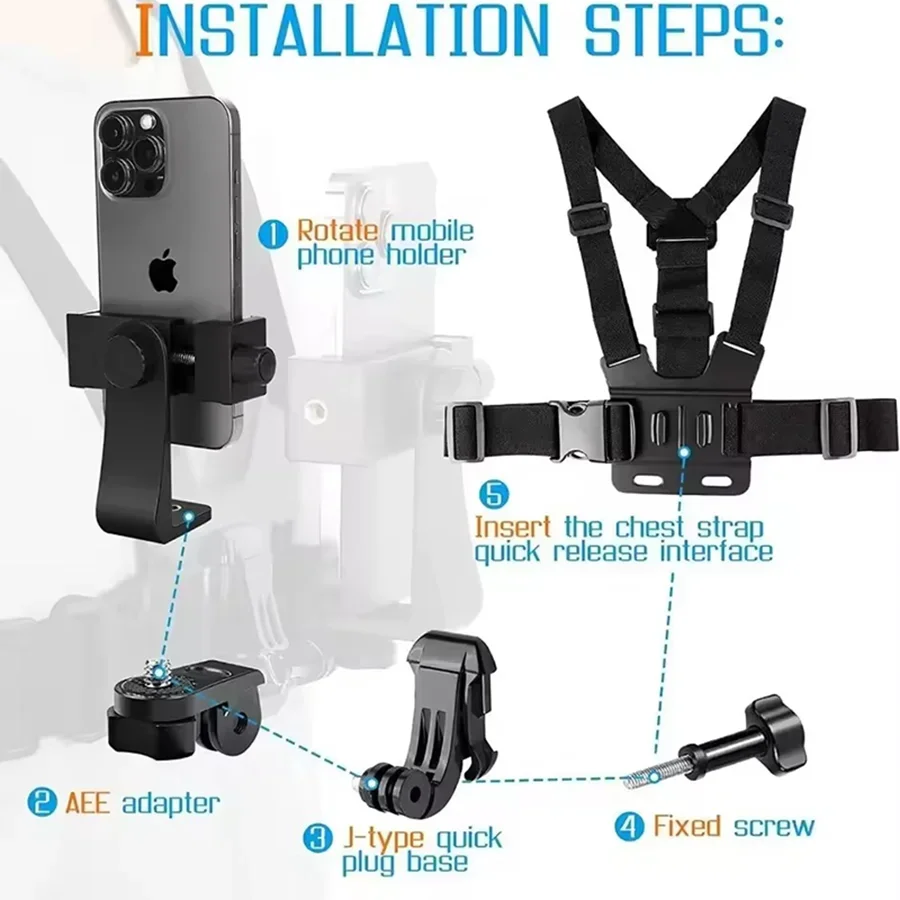 1 PC Adjustable Phone Clip Holder With Chest Strap Fixation Bracket for Sport Camera Mobile Phone Camera Black Holder Accessory