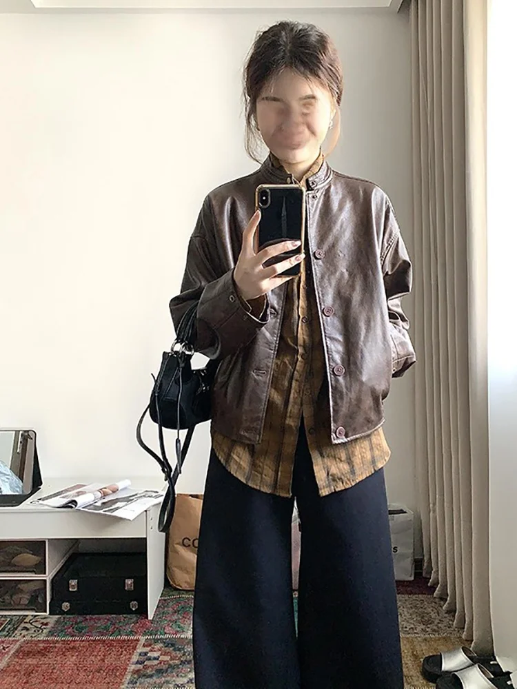 

Ретро-куртка из коричневой кожи для женщин, осенний модный комплект с рубашкой в клетку и воротником, универсальная верхняя одежда для молодых девушек