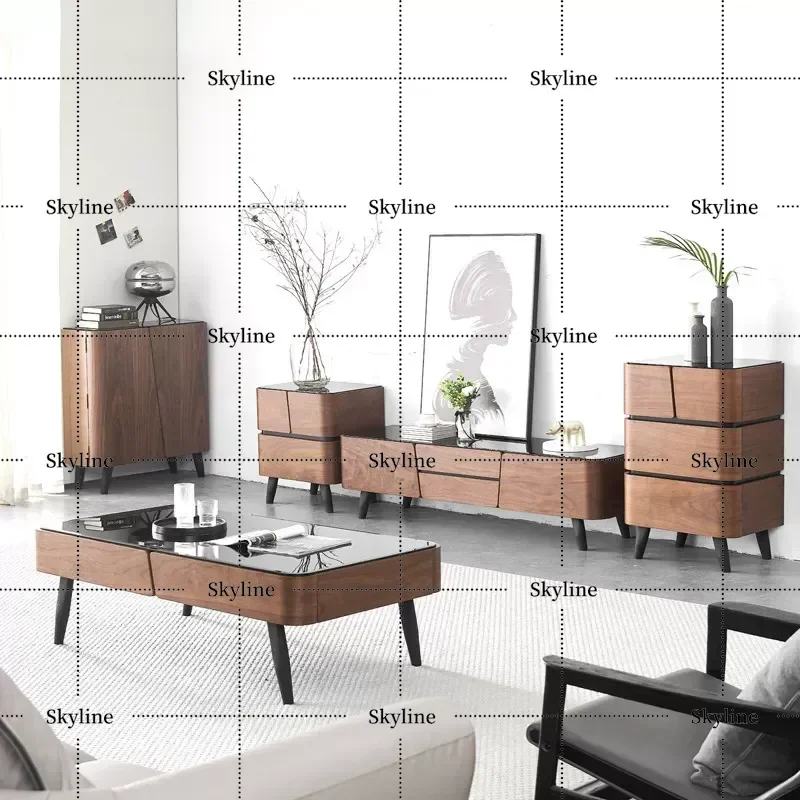 Nordic TV Cabinet and Coffee Table Combination Simple Modern Living Room Furniture Small Apartment Tempered Glass Log Design
