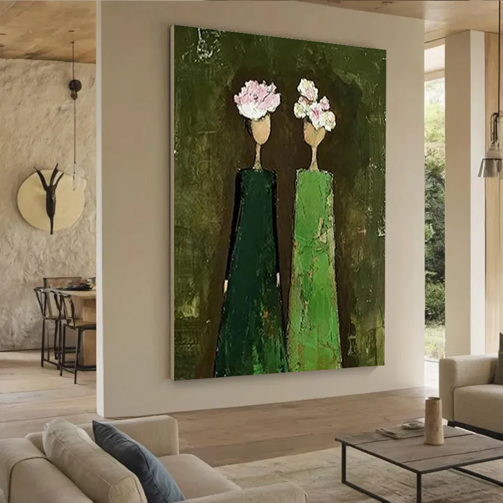 100% Handmade Abstract Oil Painting On Canvas Ins The Girl Wearing A Flower Wreath Wall Art Picture For Home Living Room Decor