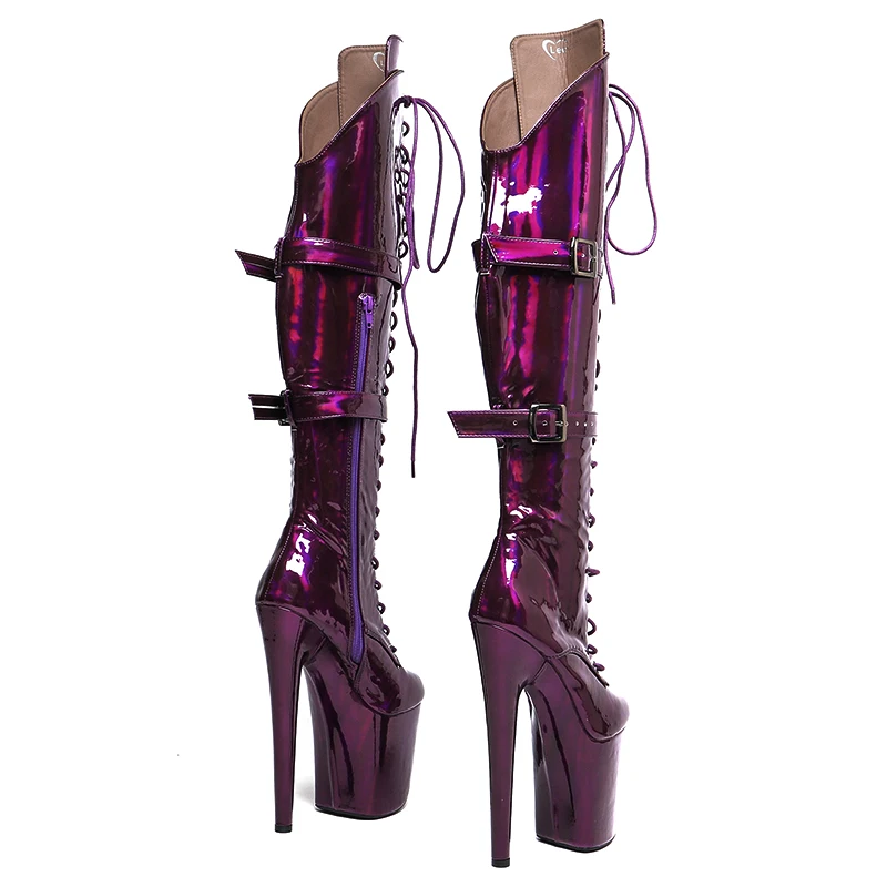 Leecabe  20CM/8inches  shiny Holographic PU Upper strap style Trend fashion High Heel platform Boots Pole Dance boots