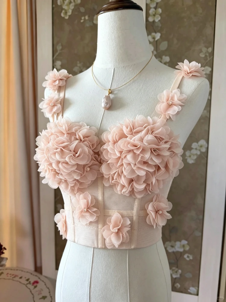 Hot Sweet Women Sleeveless Vest Sexy Backless Sweet Floral Straps Camis Short Top French High Street Trendy Summer Clothing