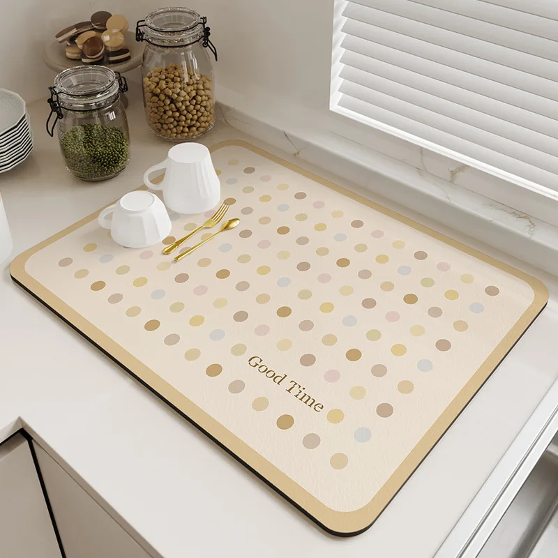 Pastel Polka Dot Counter Drying Mat Soft Diatomite Absorbent Non-Slip Waterproof Backing for Kitchen Sink Side Use