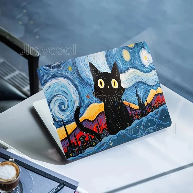 2 Pieces Van Gogh Starry Night Black Cat Laptop Light Beige Self-adhesive Matte Finish Non-reusable Animal Pattern Decal