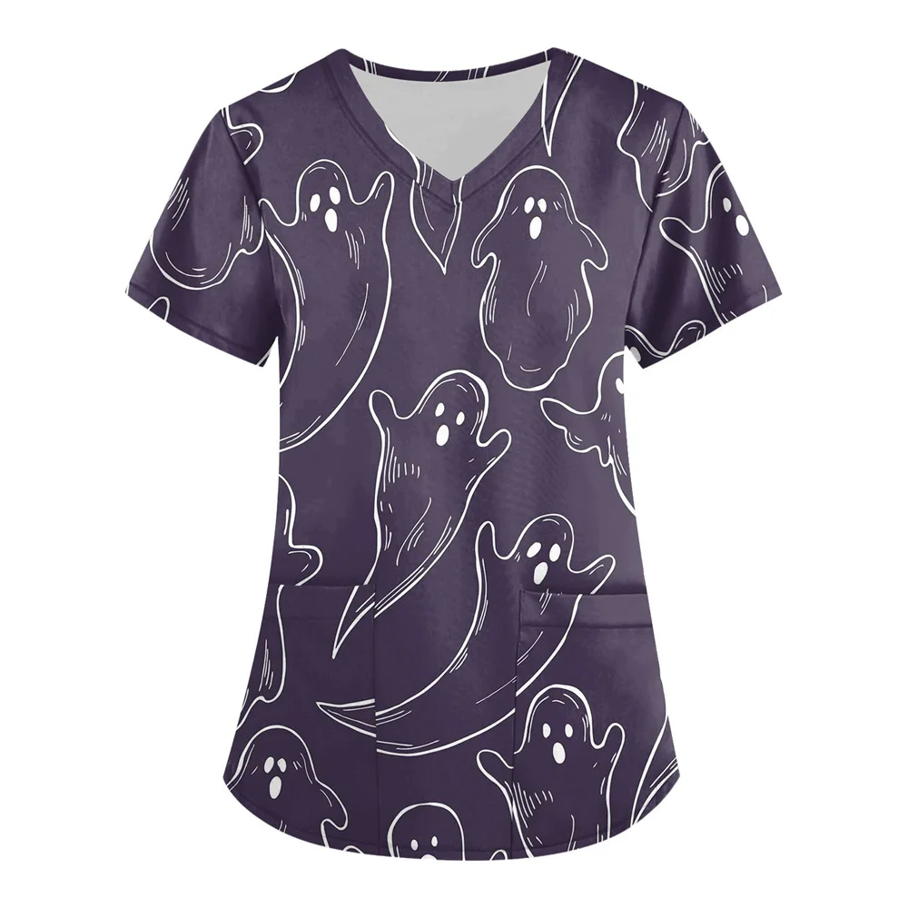 ハロウィン レディース Tシャツ Vネック 女性用作業服 新しいパンプキン 3D プリント ナースユニフォーム、パンプキンブラウス、ポケットワークウェア
