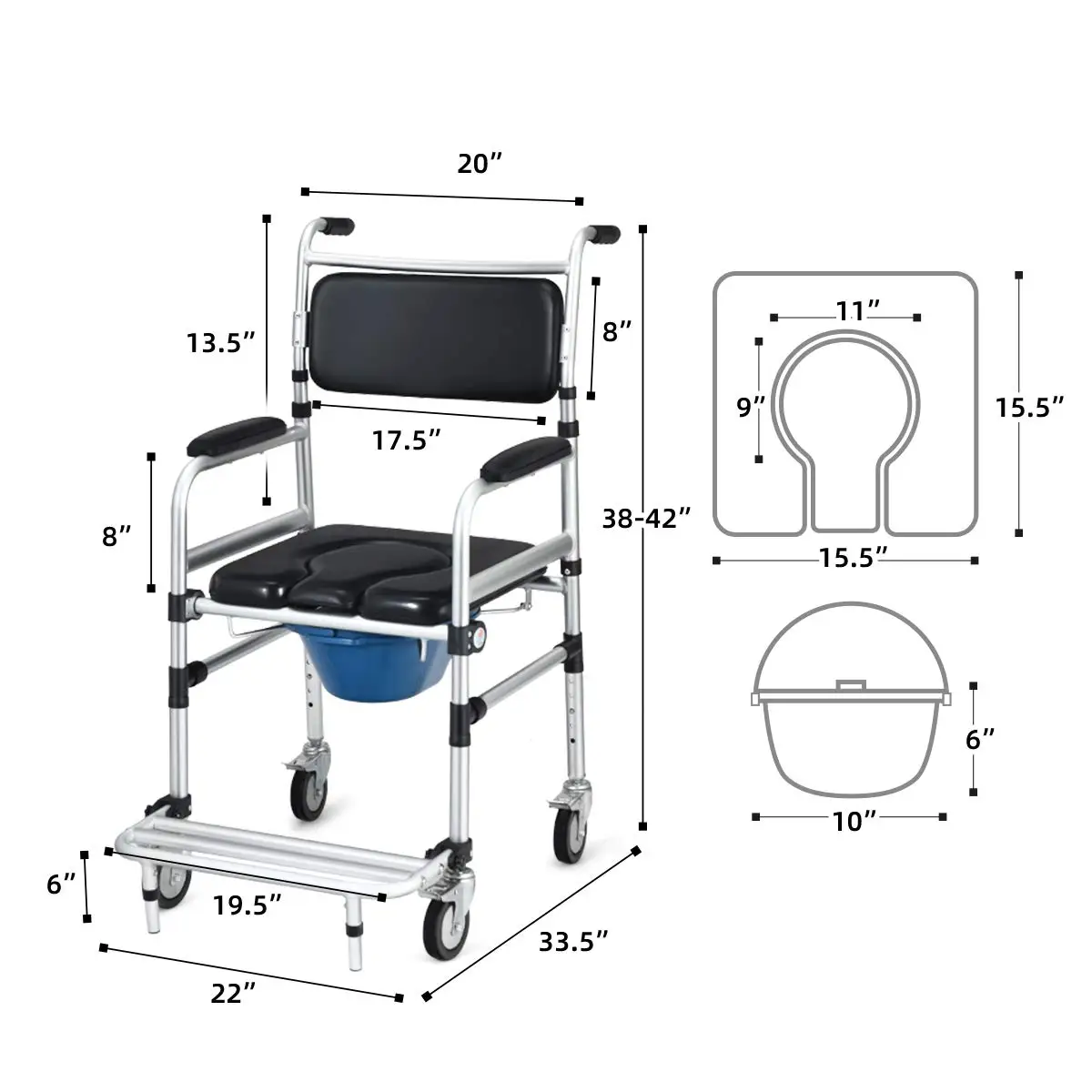 4 in 1 Shower Commode Wheelchair, 330lbs Bedside Commode Chair for Toilet with Arms, Portable Rolling Shower Chair with Wheels