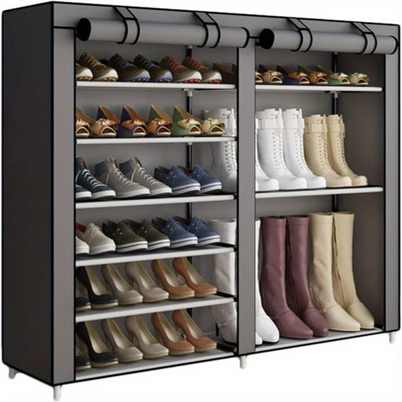 44 Inch High Double Row 9 Grid Non-Woven Shoe Rack,Bedroom Living Room Entrance Shoe Cabinet Organizing Rack,Boots Can Be Placed