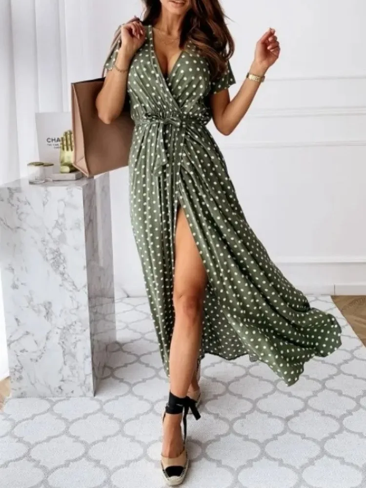 

Летнее женское модное платье больших размеров с v-образным вырезом и разрезом на поясе, повседневное свободное платье, универсальное однотонное платье с принтом в горошек