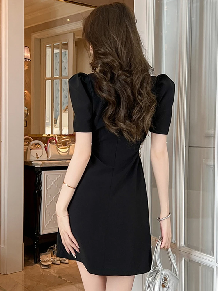 Elegant Sweet Black Dresses Women's Shiny Diamond Hollow Cut Out Waist Short Gown Femme Banquet Party Vestidos Fashion Show Lady