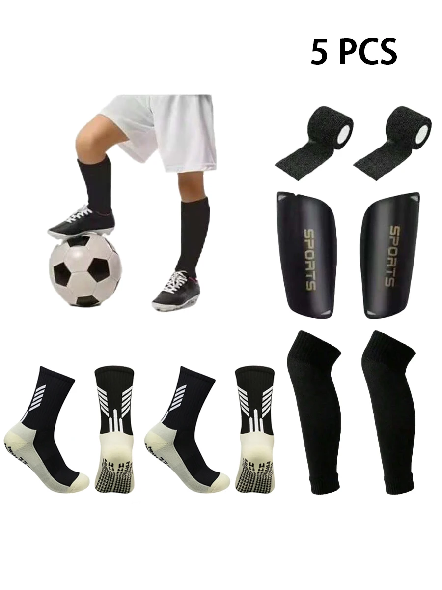5-teiliges Set Fußballzubehör für Männer und Frauen, rutschfeste Fußballsocken, Outdoor-Sport, Beinschutz, Beinschutzbandage