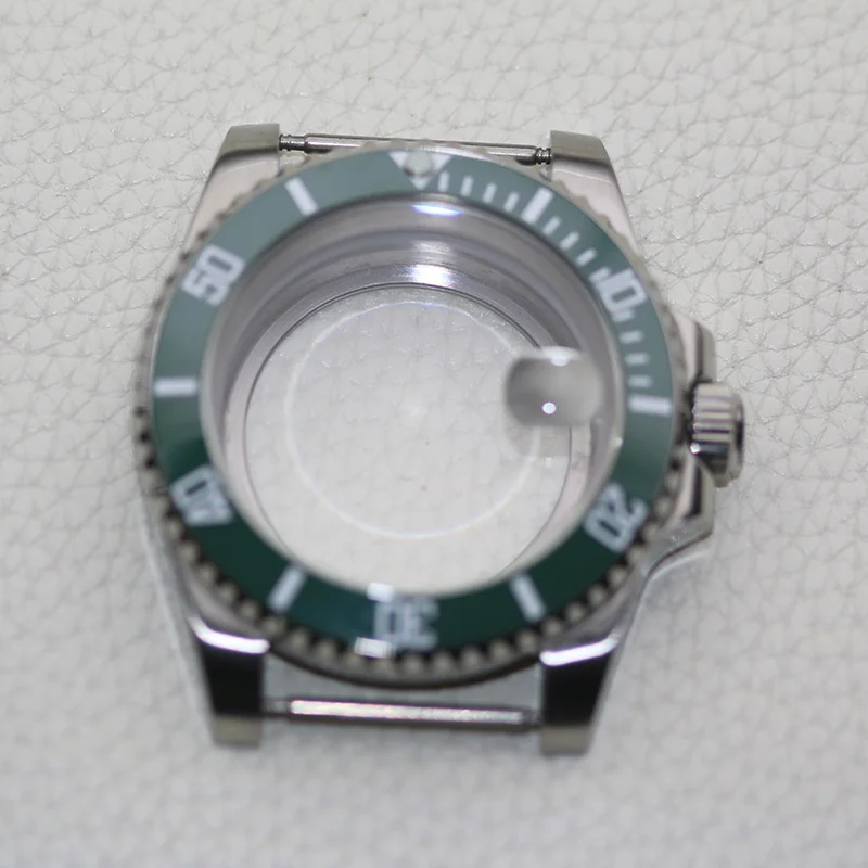 Casing jam tangan selam baja tahan karat 40mm, casing jam tangan menyelam Bezel hijau dipoles bahan baja tahan karat 316L kaca 40mm