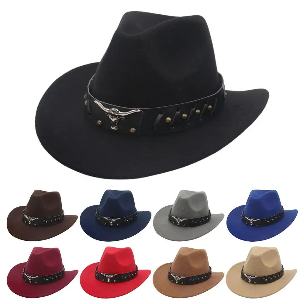 Trendy Studded Bullhead Western Cowboy Hat Wide Brim Ethnic Style Cowgirl Hat Tibetan Style Felt Cap for Women Men