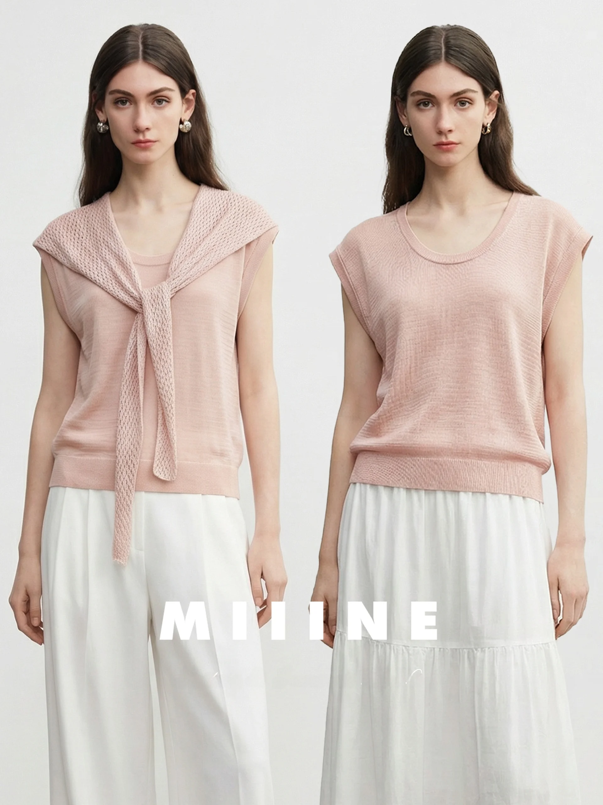 

Miiine Detachable Shawl Collar Sleeveless Knitted T-Shirt Casual Style Office Wear Summer Cool Rinsel Fiber Top for Ladies