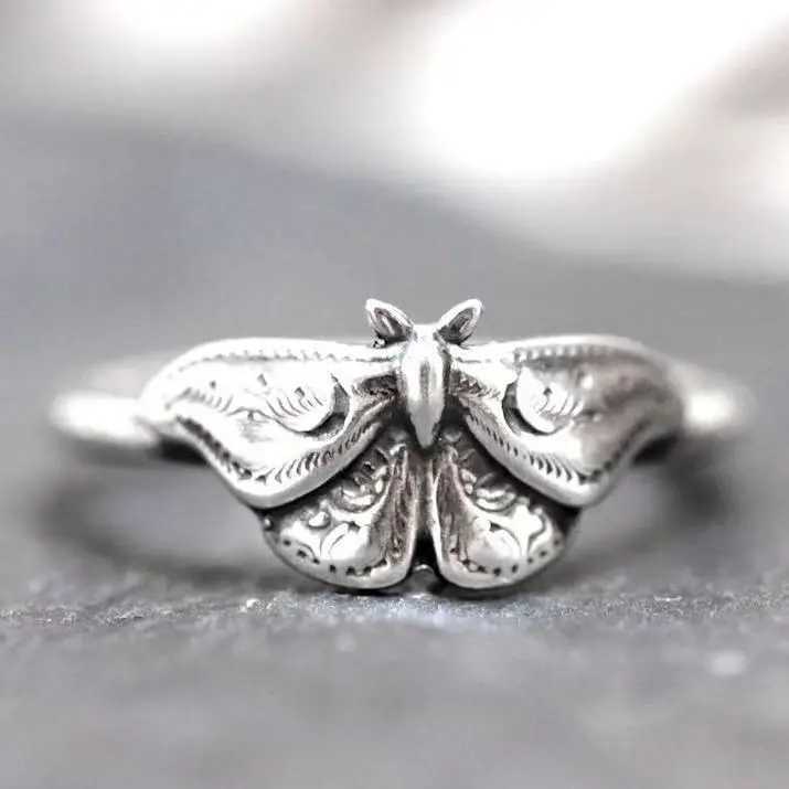 Vintage Death Moth Statement Ring, Retro Engraved Luna Moth Ring, Gothic Insect Stack‑able Jewelry, Unique Gift for Women Men view 3