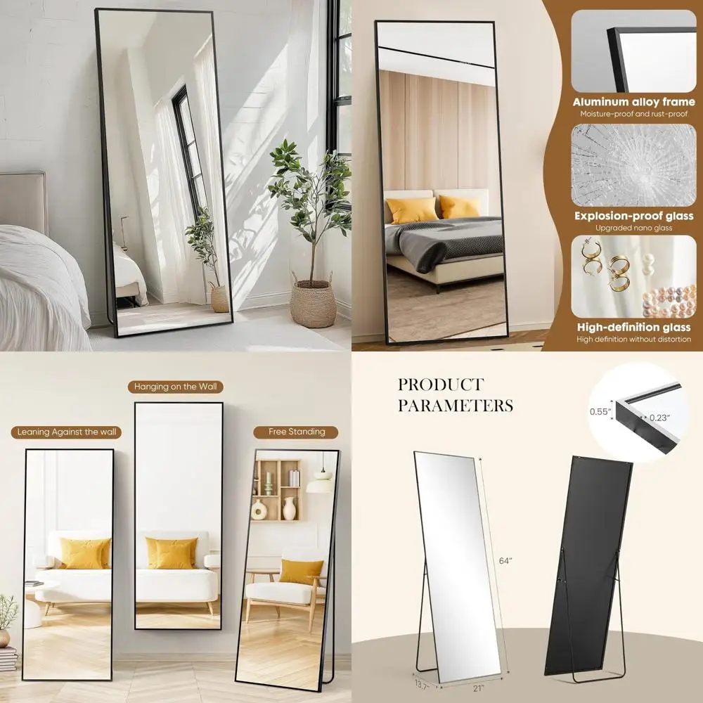 مرآة كاملة الجسم مقاس 64 × 21، إطار من سبائك الألومنيوم، مرآة أرضية لتزيين جدار غرفة النوم والحمام