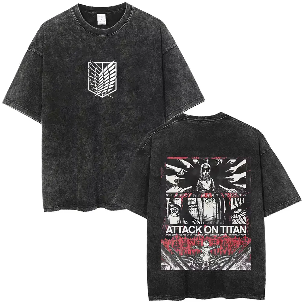

Washed Vintage Anime Attack on Titan Eren Jaeger Graphic T-shirt Men Women Cartoon Manga Merch T-shirts Male Oversized T Shirts