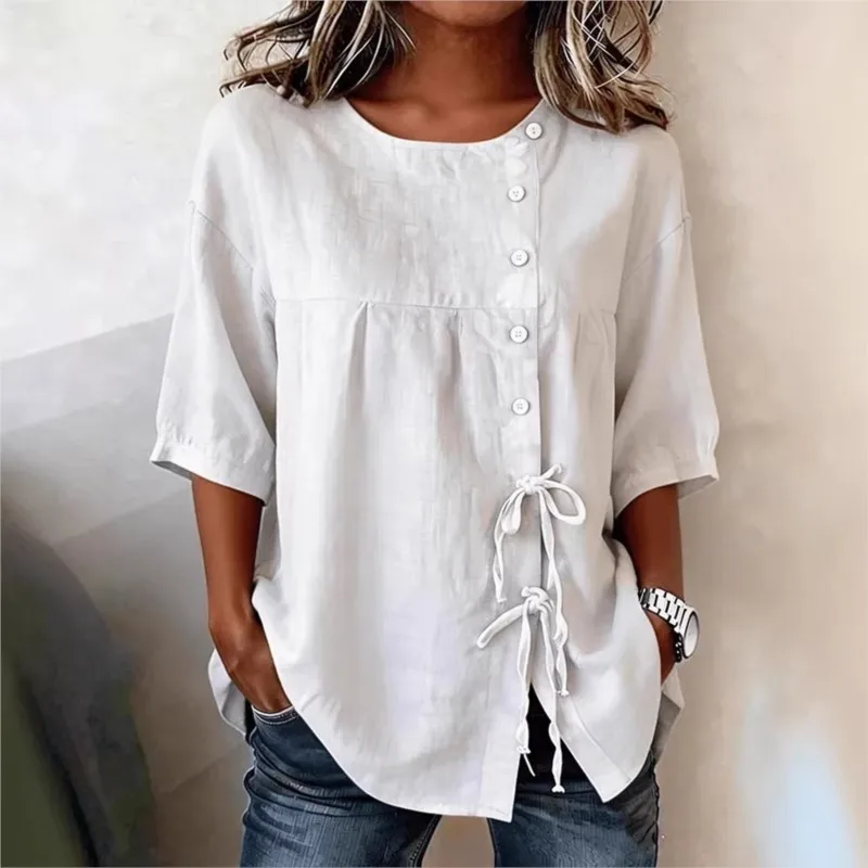 Retro Loose Women Blouse Shirt 2026 New Summer Round Neck Mid Sleeve Tops Fit Side Button Lace-up Casual Solid Oversize T-shirt