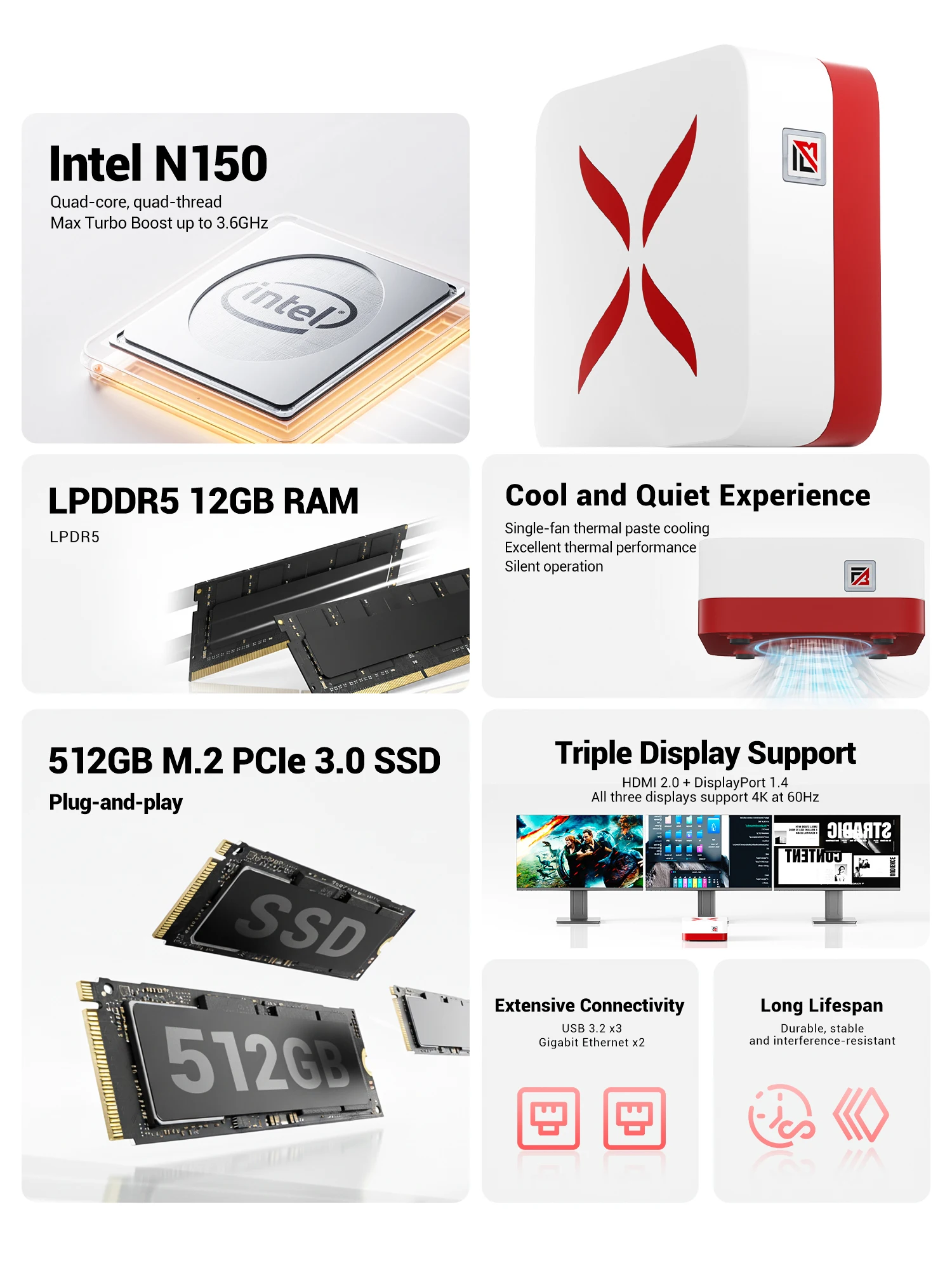 Firebat T3 Mini PC Intel Alder Lake N150 Windows 11 Pro Mini PC 12GB DDR4 M.2 512GB PCIe SSD WiFi 5 BT4.2 computadora de escritorio