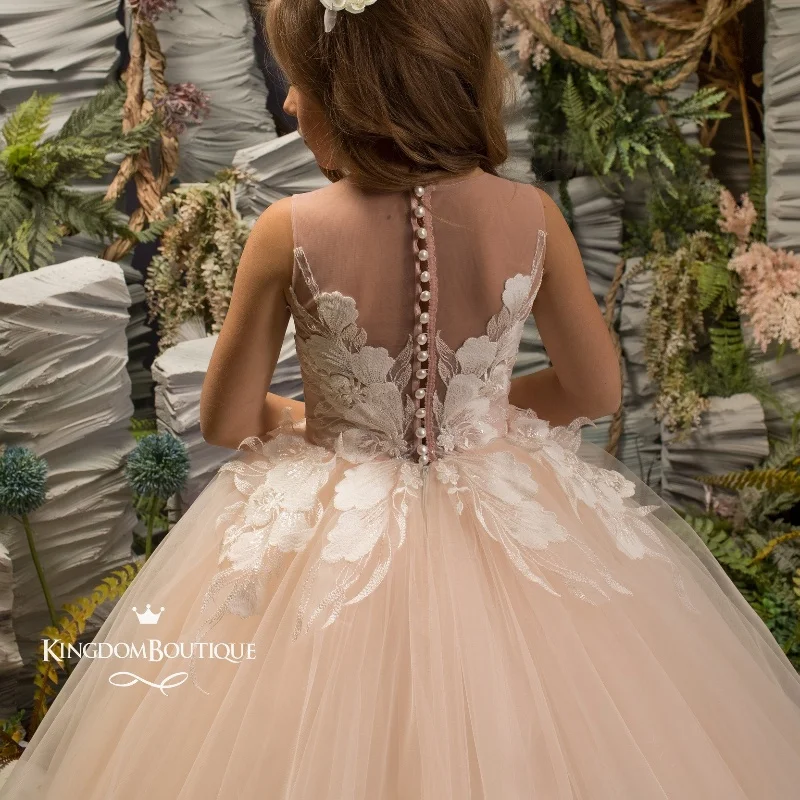 Lorencia-apliques rosa de baile infantil, vestido de baile com miçangas e pérolas, vestido de primeira comunhão para menina, vestido luxuoso para festa de aniversário, YFD77, 2024