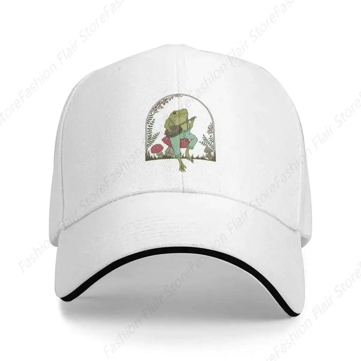 Cottagecore Aesthetic Frog Playing Banjo on Mushroom Cute Vintage - Goblincore Farmer Toad in Garden - Dark Academi Baseball Cap