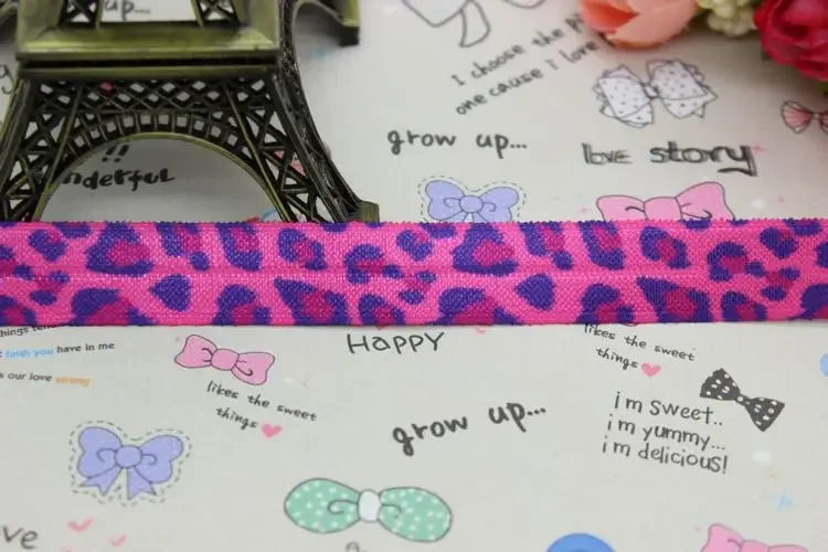 DHK 5/8 inch 5yards Fold Over Elastic FOE leopard   printed ribbon headband diy decoration OEM Wholesale C431