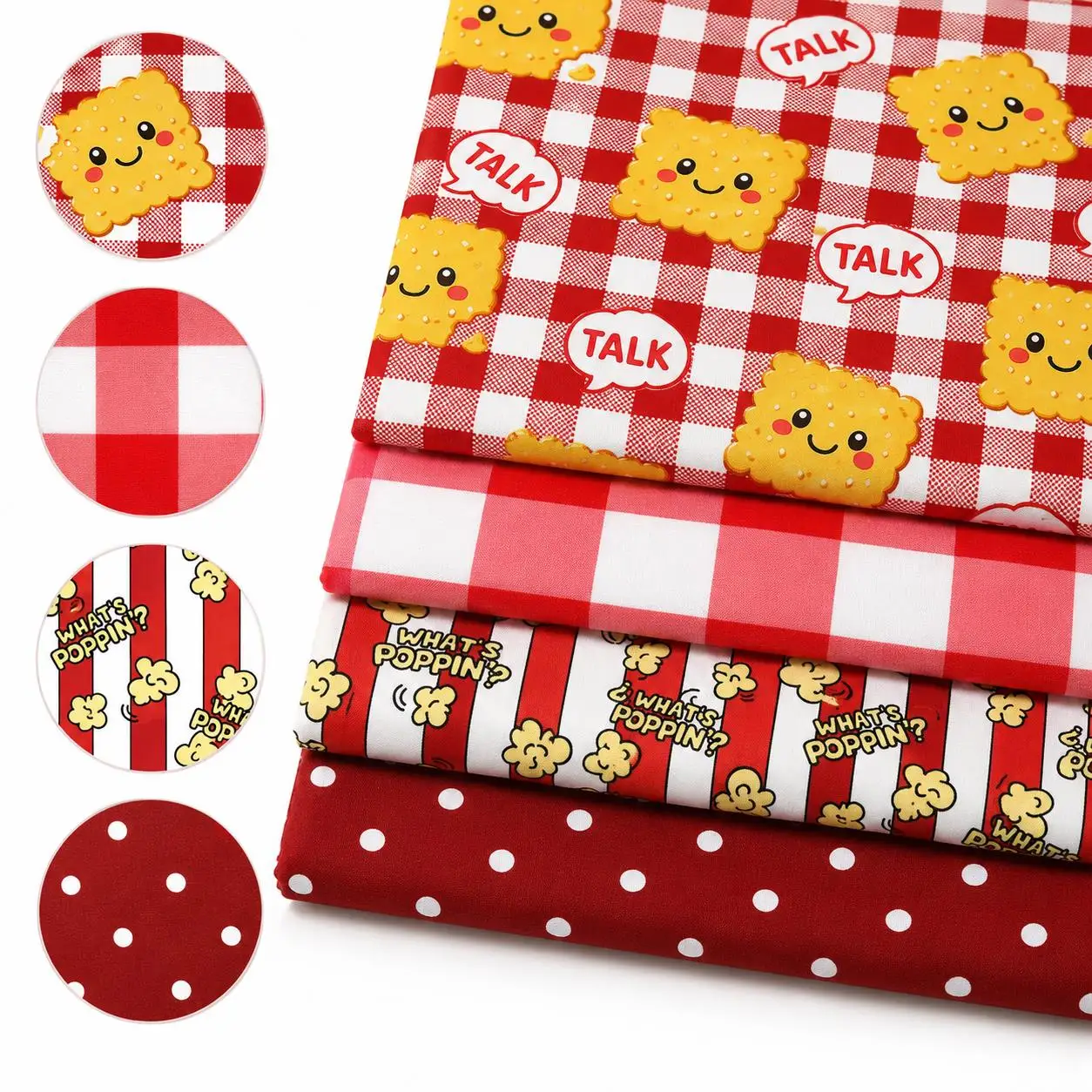 Pre-cut 4pcs 20X20cm Popcorn Cookies Themed Polyester Fabric Set, Precut Quilting Squares, Hand Wash Only, No Repeat Patterns