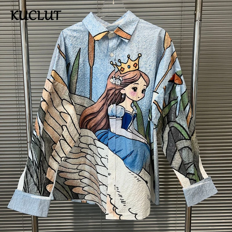 

KUCLUT Fashion Niche Design Printed Contrast Color Blouse For Women Loose Single-breasted Casual Shirt Female Trendy 1A236