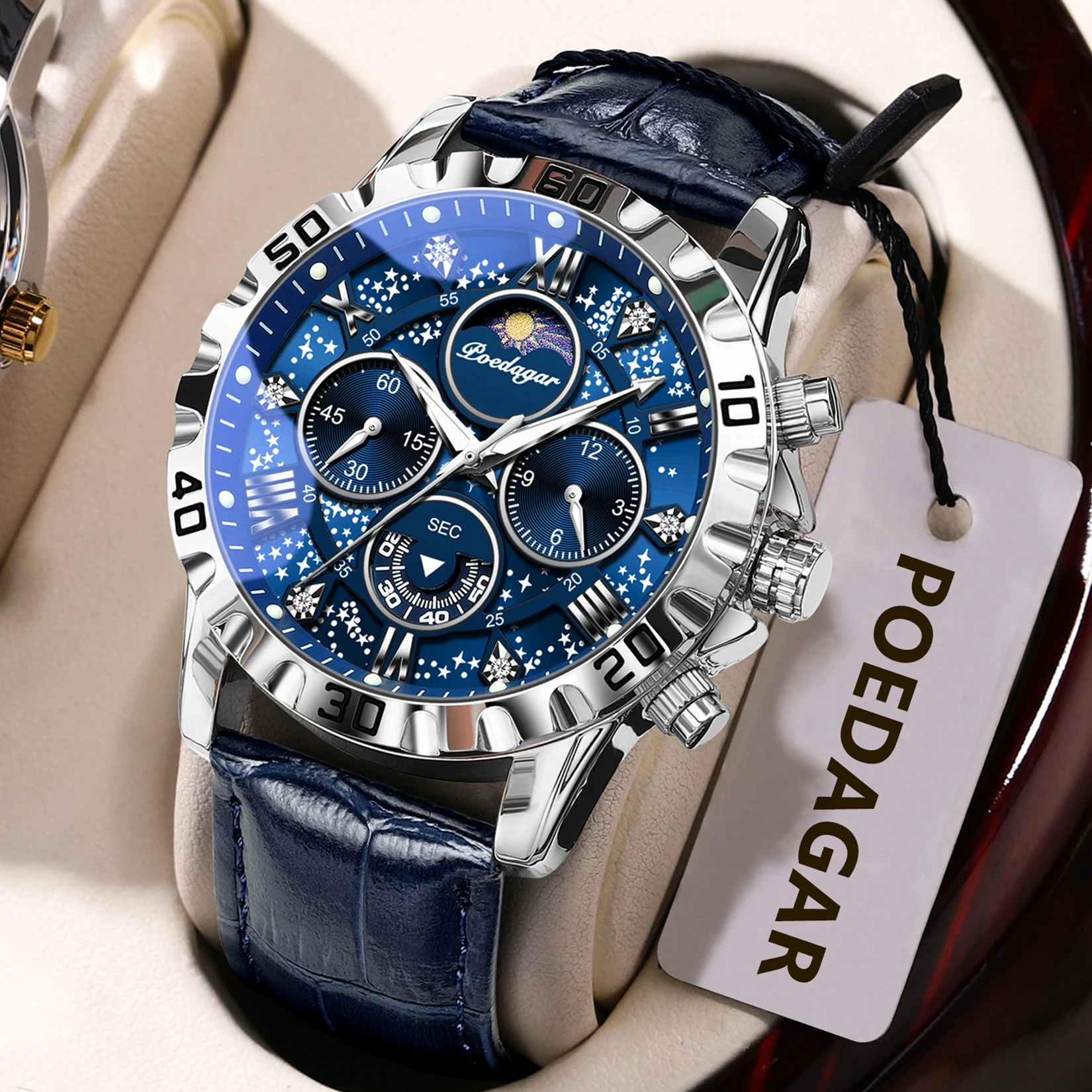 POEDAGAR Top Original Men Watch Chronograph Waterproof Luminous Leather Strap Male Wristwatches Quartz Business Watches For Men