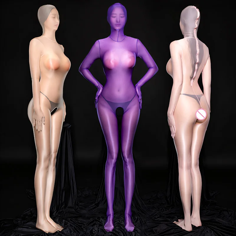 Sexy Oil Shiny Full Body Zentai Bodysuits Women See Through Open Crotch Jumpsuits Erotic Leotard Elastic Tights Cocoons Catsuits