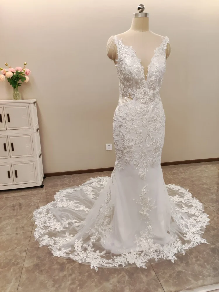 U-Ausschnitt Meerjungfrau Vestidos de Novia Luxus Pailletten Spitze Brautkleider Applikationen Vestido de Noiva