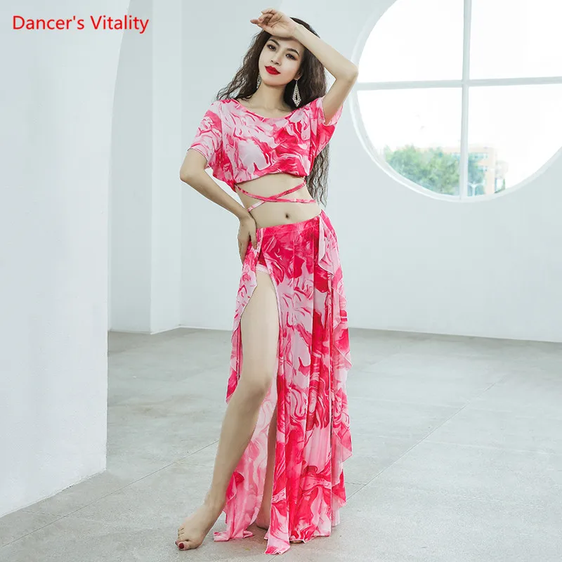 Belly Dance Suit Printing Mesh Top Short Sleeves Split Skirt Practice Clothes Set Female Elegant Performance Clothing Summer