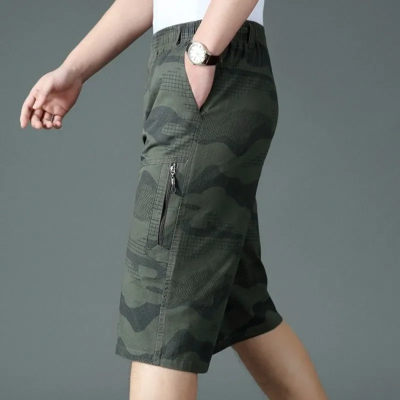 

Men's Camo Seven Point Pants Cotton Cargo Style Casual Loose Fit Multi Pocket Summer Trousers For Middle Aged Men