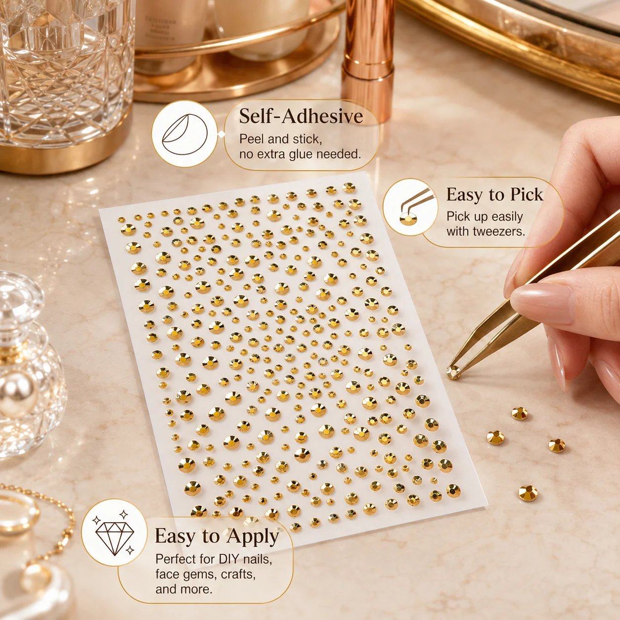 2pcs Gold Face Gems Rhinestone Stickers Self Adhesive Mixed Size Crystal Jewels for Eye Makeup Body Nails Festival Party Cosplay