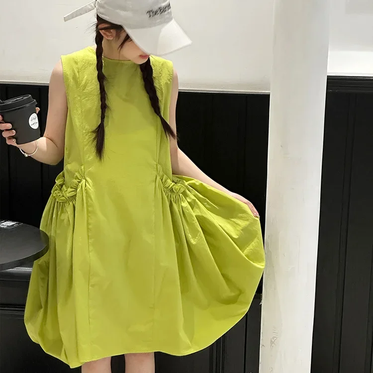 2024 Korean Summer School Girl Sleeveless Dress Children Girl Pleated Pocket Flower Bud Dress Junior Girl Casual Loose Dress