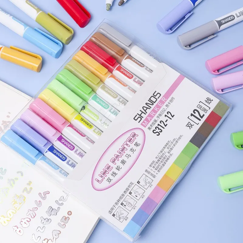 12 Colors Dual Line Outline Marker Set Glitter Pens for Card Making DIY Hand Journal Drawing Art Craft Supplies