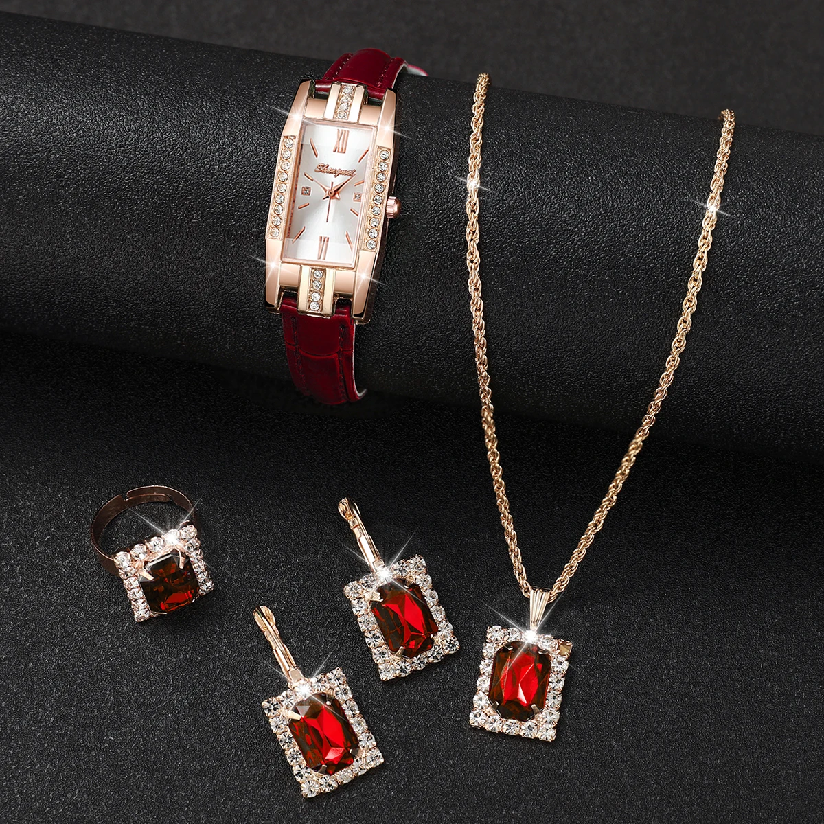 ساعة كوارتز مستطيلة من جلد البولي يوريثين للنساء مع مجموعة مجوهرات غير مدرجة ، الموضة ، 5 في كل مجموعة