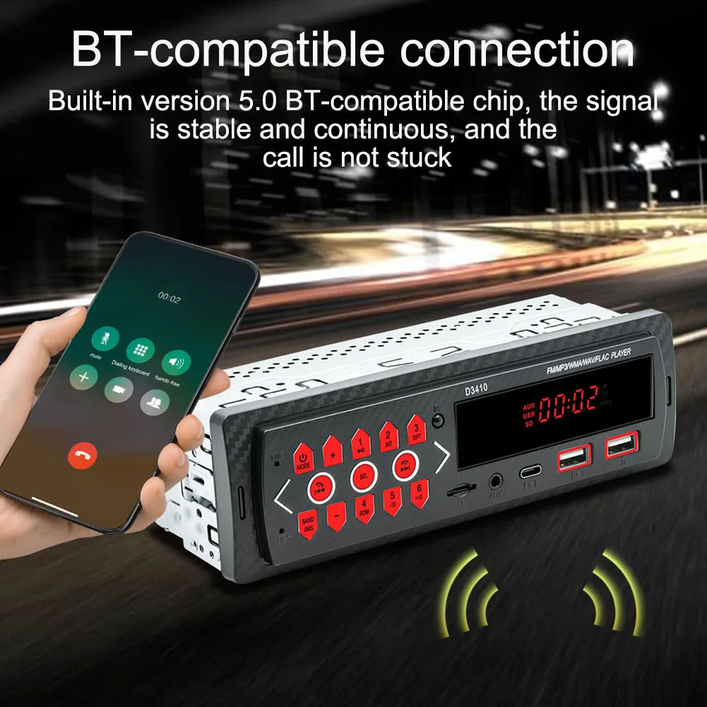 Compact Single Din Receiver for Cars Featuring BT Compatibility FM Tuner Access and Multi Channel Audio Outputs