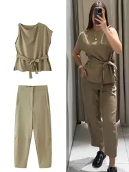 HH Women Vintage Solid Pants Sets Sleeveless Asymmetric Top With Belt Zipper Fly High Waist Trousers 2024 Streetwear Suit