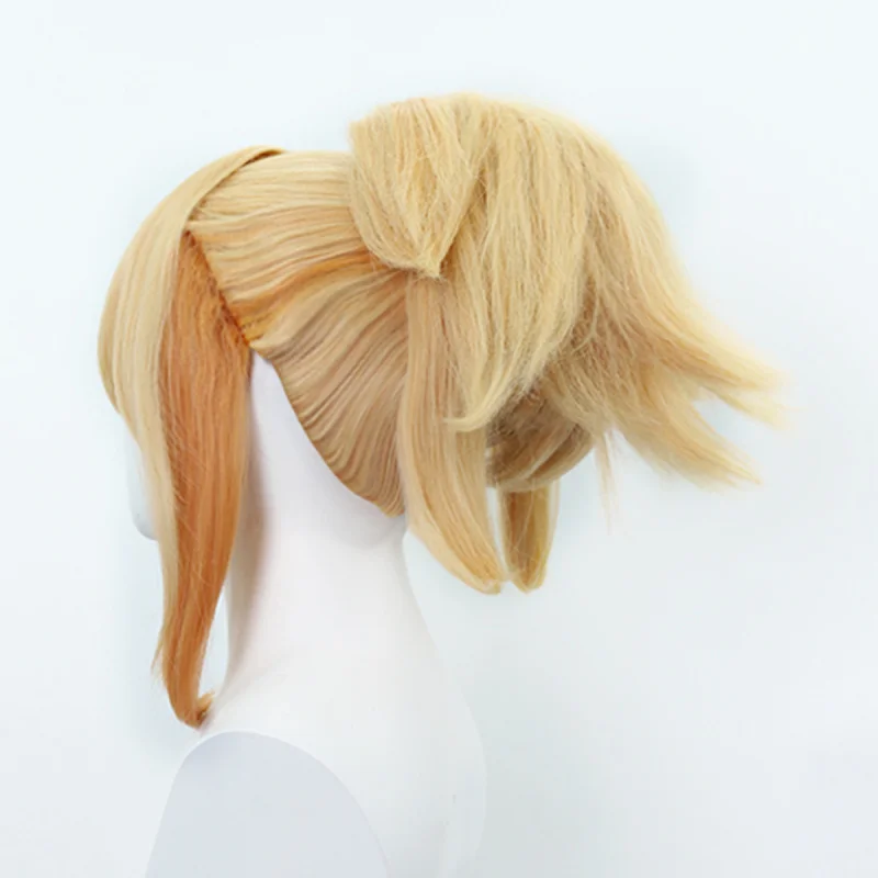أنيمي شعر مستعار Genshin تأثير شياو قصر شعر مستعار تأثيري مزيج خاص الذهب 50 سنتيمتر كبير فروة الرأس النمر الفم كليب شعر مستعار التصميم