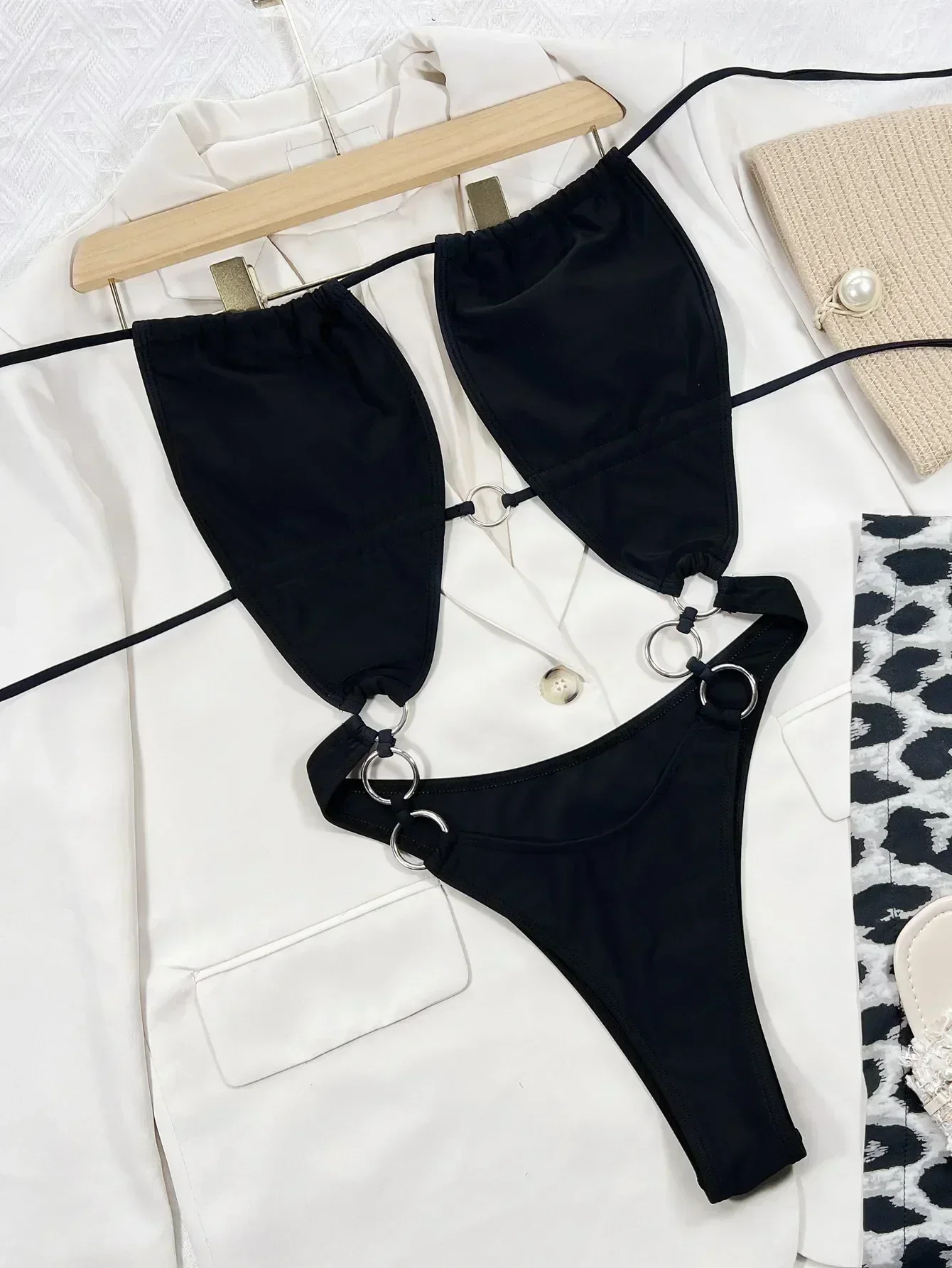 Sexy Cut Out One Piece Swimsuit For Women Backless String Bandage Swimwear Ring Linked Thong Bathing Suit Summer Swimsuit Bather