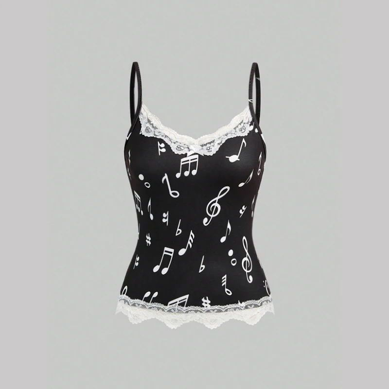 Y2K retro note pattern design lace decorative camisole slim waist backless sexy ins style 2026 summer new spice girl vest