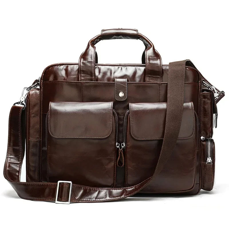 Large Capacity Genuine Leather Men's Business Handbag Travel Briefcase Wear-resistant Oil Wax Leather Crossbody Bag