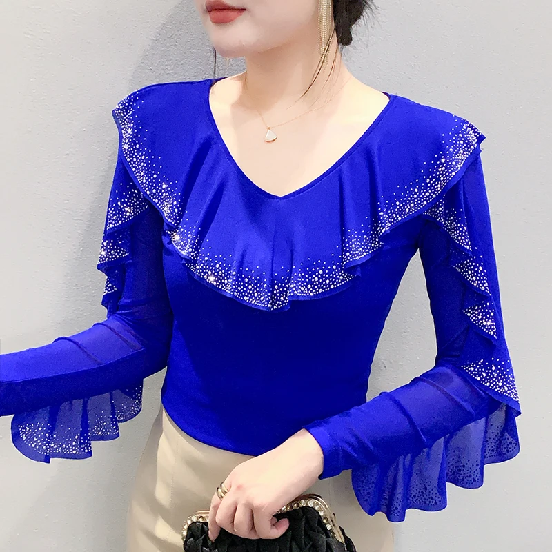 Spring Summer T-shirt New Arrivals Women's Mesh Sheer V-Neck Ruffled Sparkly Rhinestone Long Sleeve Blouse, Y2K Elegant Tops