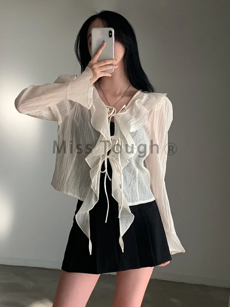 French Solid Flounce Patchwork Chiffon Shirts Women Casual V Neck Lace Up Long Sleeve Top Female Vintage Loose Sun Proof Tops