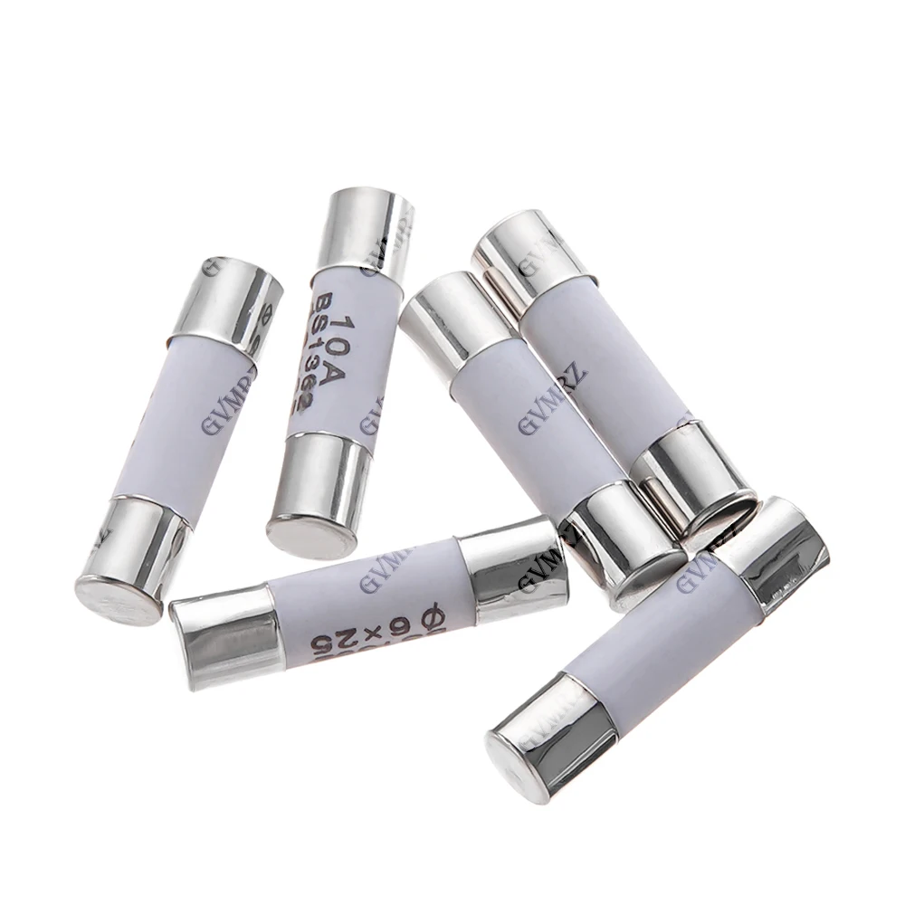 10PCS 30A 0.5A 1A 2A 3A 5A 250V RO57 Fuse BS1362 6*25mm Ceramic Fuse 6*25 Ceramic insurance Tube 6X25MM  6A 7A 8A 25A
