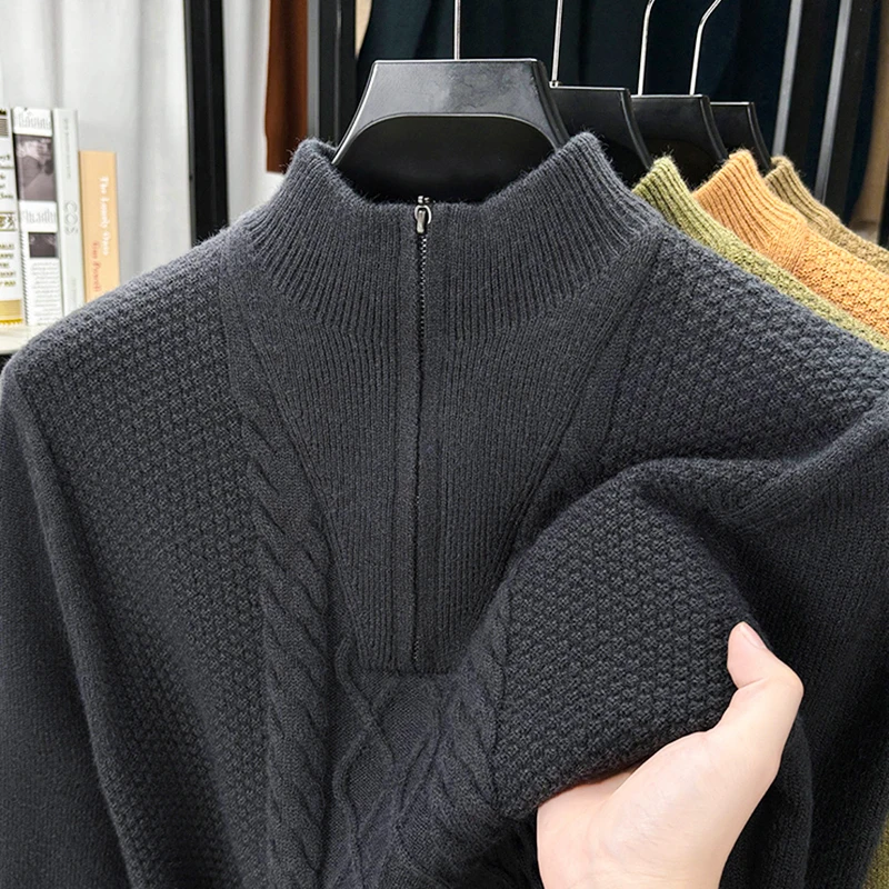 High Quality Men's Autumn Winter Knitting Sweater Mock Neck Zipper Long Sleeves Jacquard Pullover Leisure Fashion Innerwear Tops