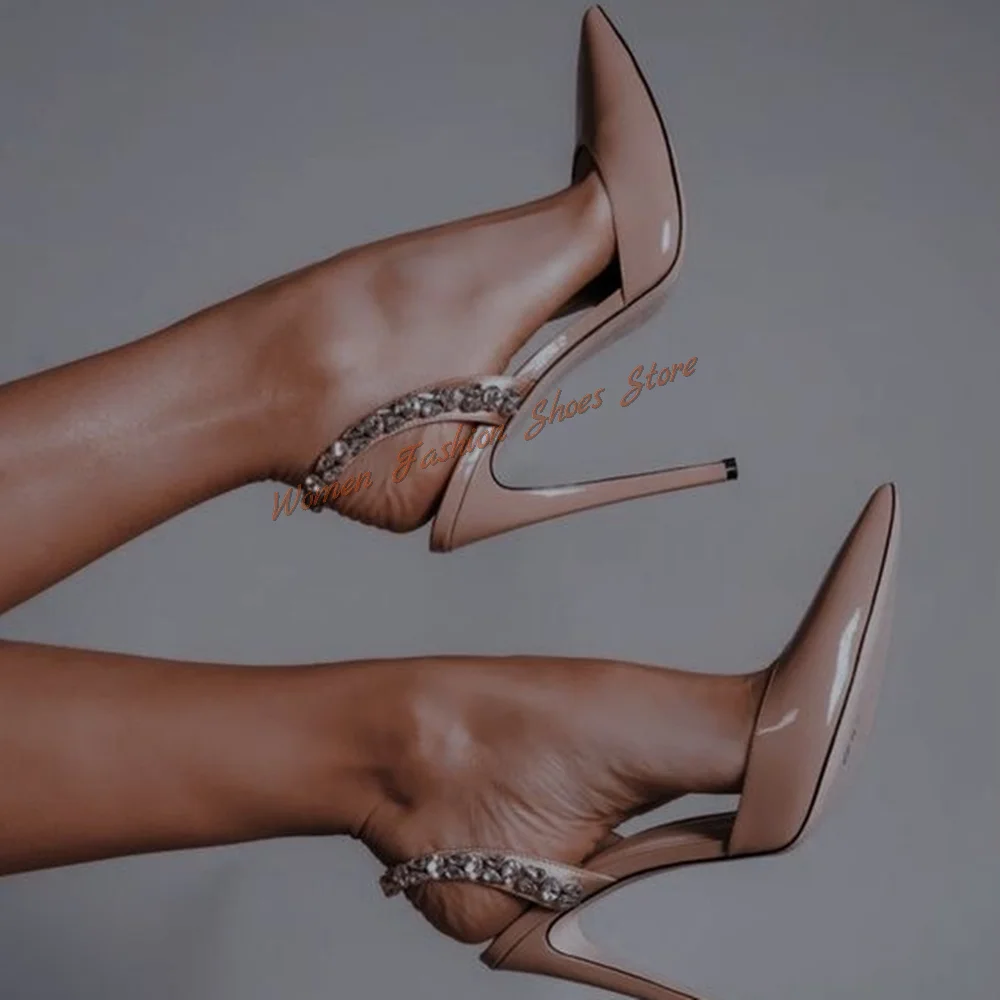 

Nude Color Pointed Toe Crystal Pumps Thin High Heels Patent leather High Heel Shoes for Women Heels 2024 New Zapatos Para Mujere